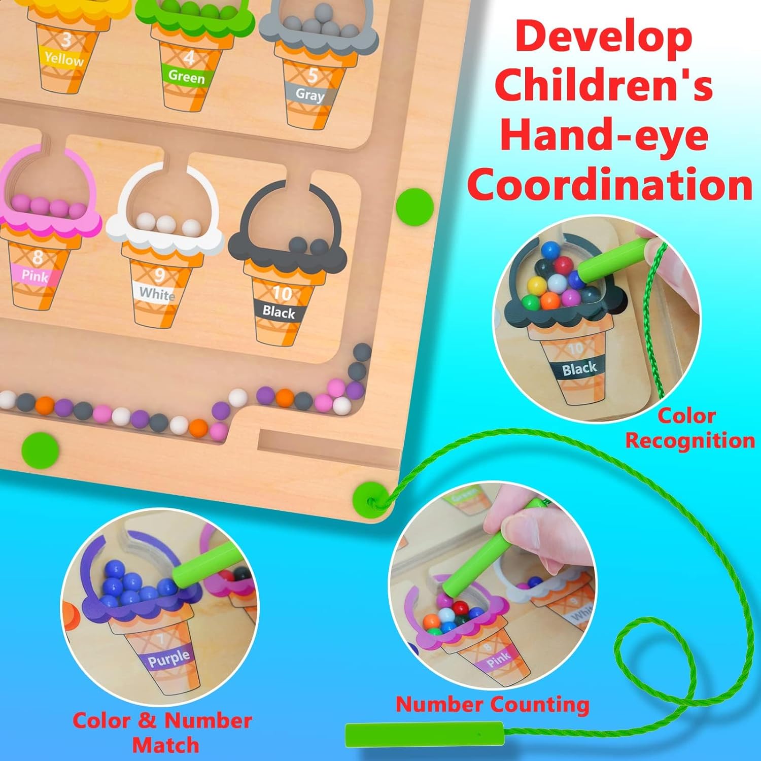 Magnetic Color & Number Maze - Montessori Wooden Color Matching Learning Counting Puzzle Board - Toddler Fine Motor Skills Toys for Boys Girls 3 4 5 Years Old - Image 3