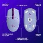 Logitech G305 LIGHTSPEED Wireless Gaming Mouse, Hero 12K Sensor, 12,000 DPI, Lightweight, 6 Programmable Buttons, 250h Battery Life, On-Board Memory, PC/Mac - Lilac - Image 3