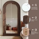 Arched Full Length Mirror with Solid Wood Frame, 71x32 Farmhouse Wall Mounted Floor Mirror with Stand, Vertical Hanging, Leaning Standing for Bedroom, Living Room, Brown - Image 3