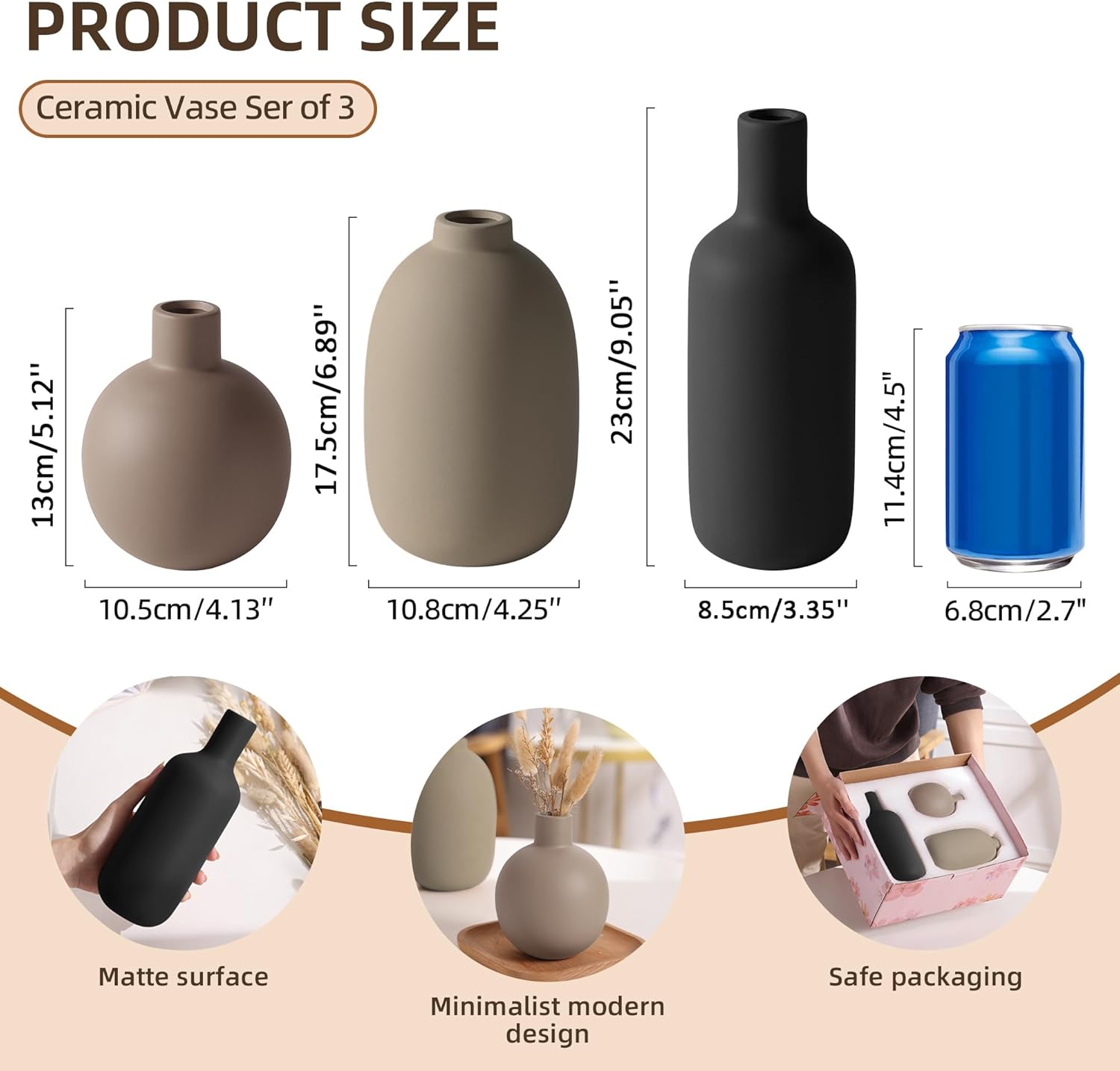 Smiletag Ceramic Modern Farmhouse Vase, Neutral Small for Table, Living Room, Shelf, Bookshelf and Entryway Décor, Set of 3 - Image 4