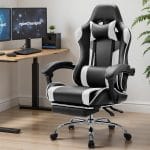 Sweetcrispy Computer Video Game Desk Chair - Ergonomic Comfy Lumbar Support with Footrest, PU Leather Recliner with Headrest, Fixed Up Armrest, Height Adjustable and 360° Swivel, for Adults, White - Image 3