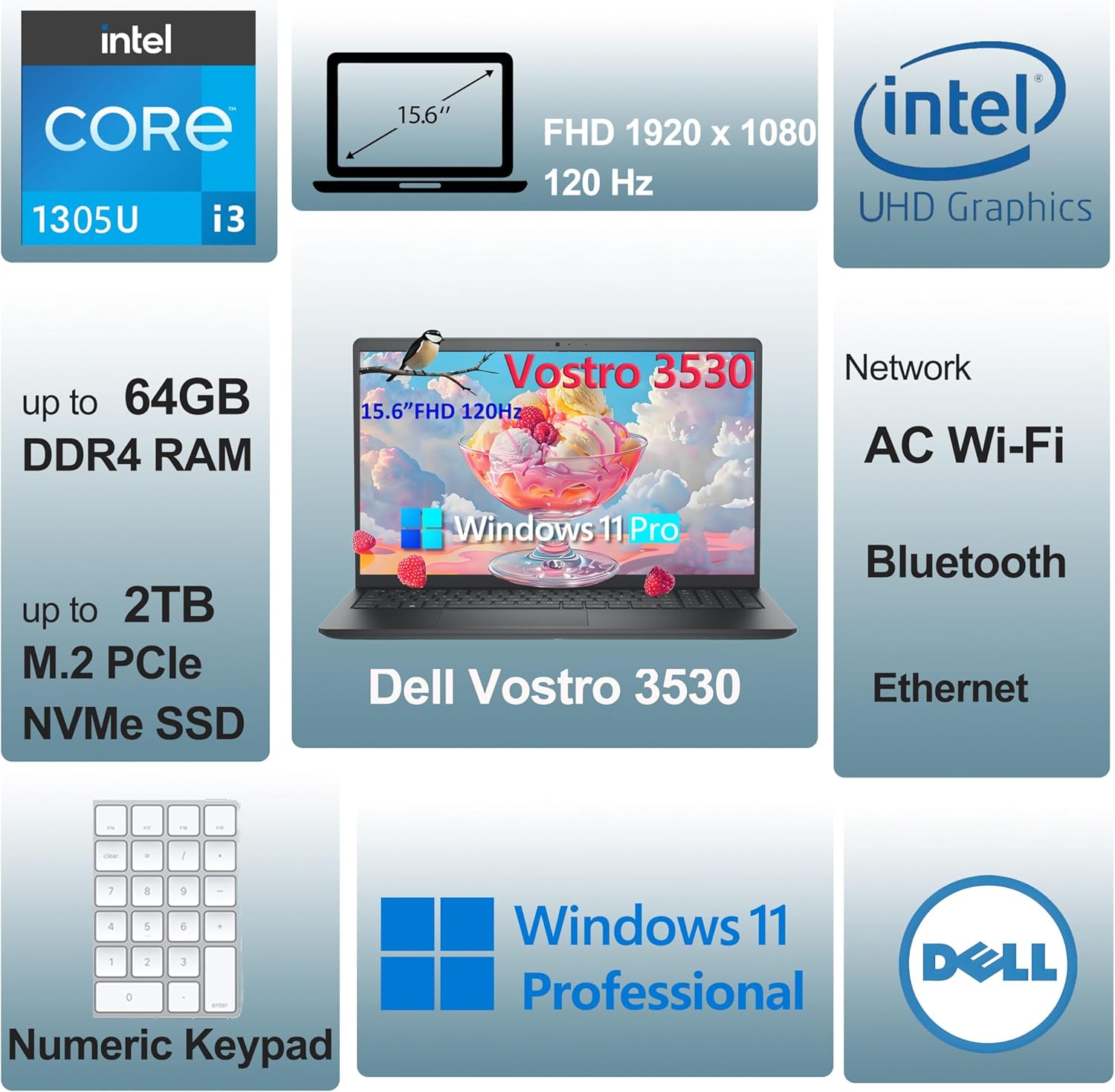 Dell 15 15.6" Laptop Computer for Home and Business Student, 13th Gen Intel 5-Core CPU (Beat i5-1145G7), 16GB DDR4 RAM, 1TB PCIe SSD, Vostro 3530 120Hz FHD, WiFi, RJ45, Type-C, HDMI, Windows 11 Pro - Image 3