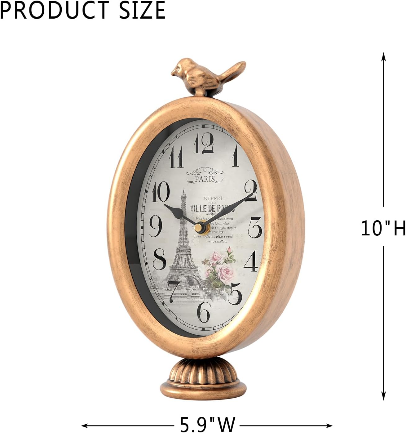 Vintage Table Clock with Bird, Desk and Shelf Decor Clock, French Paris Style, Antique Gold Metal Mantel Clocks for Living Room, Farmhouse, Bedroom, Bedside, Gift (10" H x 5.9" W) - Image 3