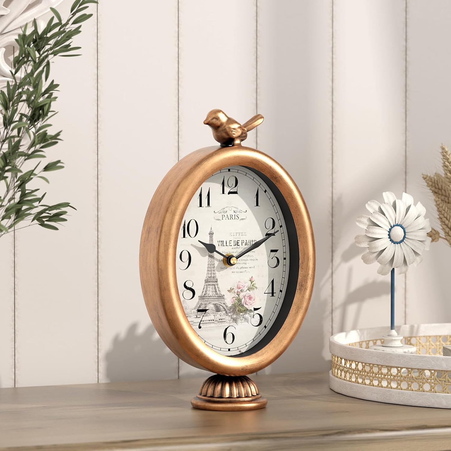 Vintage Table Clock with Bird, Desk and Shelf Decor Clock, French Paris Style, Antique Gold Metal Mantel Clocks for Living Room, Farmhouse, Bedroom, Bedside, Gift (10" H x 5.9" W) - Image 4