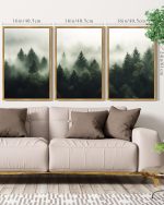 KUVIOKE Green Fog Pine Tree Framed Wall Art Nature Nordic Forests Artwork Morden Painting Home Decor 16x24in (Natural Framed) - Image 3