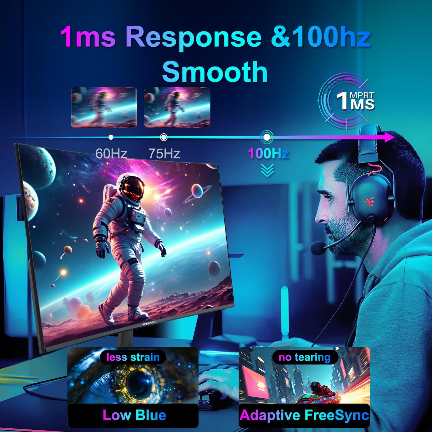 SANSUI Curved Monitor 24 inch 100Hz USB Type-C Computer Monitor with Built-in Speakers- MPRT 1ms,Adaptive Sync,HDR,1500R,VESA 75x75mm Compatible, for Home and Office(ES-24C1) - Image 3