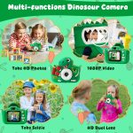 Kids Camera, Dinosaur Kids Camera for Kids Boys, Toddler Camera Digital Camera for Kids Age 3-12, Christmas Birthday Gifts Toys for 3 4 5 6 7 8 9 10 Years Old Boys, 1080P HD Selfie Video Camera - Image 3