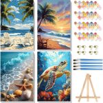 4 Pack Paint by Numbers for Adults with Framed Canvas - with Wooden Easel, Beach Paint by Number on Canvas, DIY Sea Turtle Acrylic Oil Painting Kits with Brushes for Home Wall Decor (8x12 inch) - Image 2