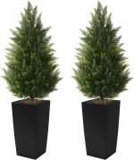 4FT Tall 2 Set Artificial Topiary Cedar Tree, Indoor Realistic Faux Cypress Plants with Square Flowerpot, Outdoor Evergreen Fake Shrubs for Home Living Room Front Porch Decor - Image 2