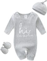 Baby Romper with Baby Mittens & Newborn Hats Footless Long Sleeve Solid Onesie Hi Im New Here - Image 2