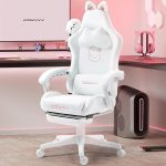 Dowinx Gaming Chair Cute with Cat Ears and Massage Lumbar Support, Ergonomic Computer Chair for Girl with Footrest and Headrest, Comfortable Reclining Game Chair 290lbs for Adult, Teen, White - Image 2