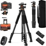 K&F CONCEPT 75 inch/190cm Camera Tripod,Lightweight Travel Outdoor DSLR Tripods with 360 Degree Ball Head Load Capacity 8kg/17.6lbs,Cellphone Clip and Remote Control for Smartphone S255A3+BH-36 - Image 2