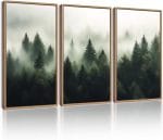KUVIOKE Green Fog Pine Tree Framed Wall Art Nature Nordic Forests Artwork Morden Painting Home Decor 16x24in (Natural Framed) - Image 2