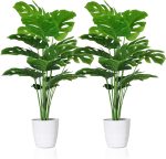 SAJANDAS Set of 2 Artificial Monstera Deliciosa Plants in Pots, Fake Tropical Palm Tree with Greenery Leaves Stems, 28 Inch Artificial Cheese Plant for Home Bathroom, Office, Windowsill Decor - Image 2
