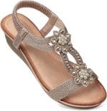 SHIBEVER Womens Wedge Sandals Flower Low Heel Dressy Sandals Elastic Ankle Strap Rhinestone Summer Comfortable Shoe - Image 2