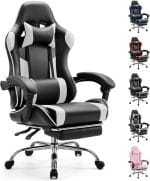 Sweetcrispy Computer Video Game Desk Chair - Ergonomic Comfy Lumbar Support with Footrest, PU Leather Recliner with Headrest, Fixed Up Armrest, Height Adjustable and 360° Swivel, for Adults, White - Image 2