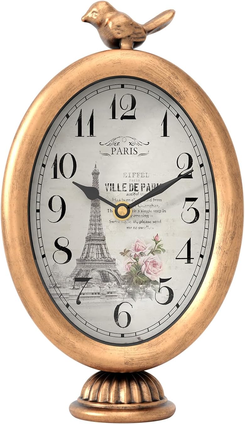 Vintage Table Clock with Bird, Desk and Shelf Decor Clock, French Paris Style, Antique Gold Metal Mantel Clocks for Living Room, Farmhouse, Bedroom, Bedside, Gift (10" H x 5.9" W) - Image 2