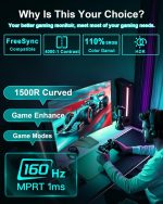 SANSUI 27 Inch Curved 160Hz Gaming Monitor, 1500R Curved Computer Gaming Monitor FHD 1080P, 4000:1, 110% sRGB, FPS/RTS, 1Ms MPRT|FreeSync|HDR|Low Blue Light|HDMI DP| VESA Support, HDMI Cable Incl. - Image 3