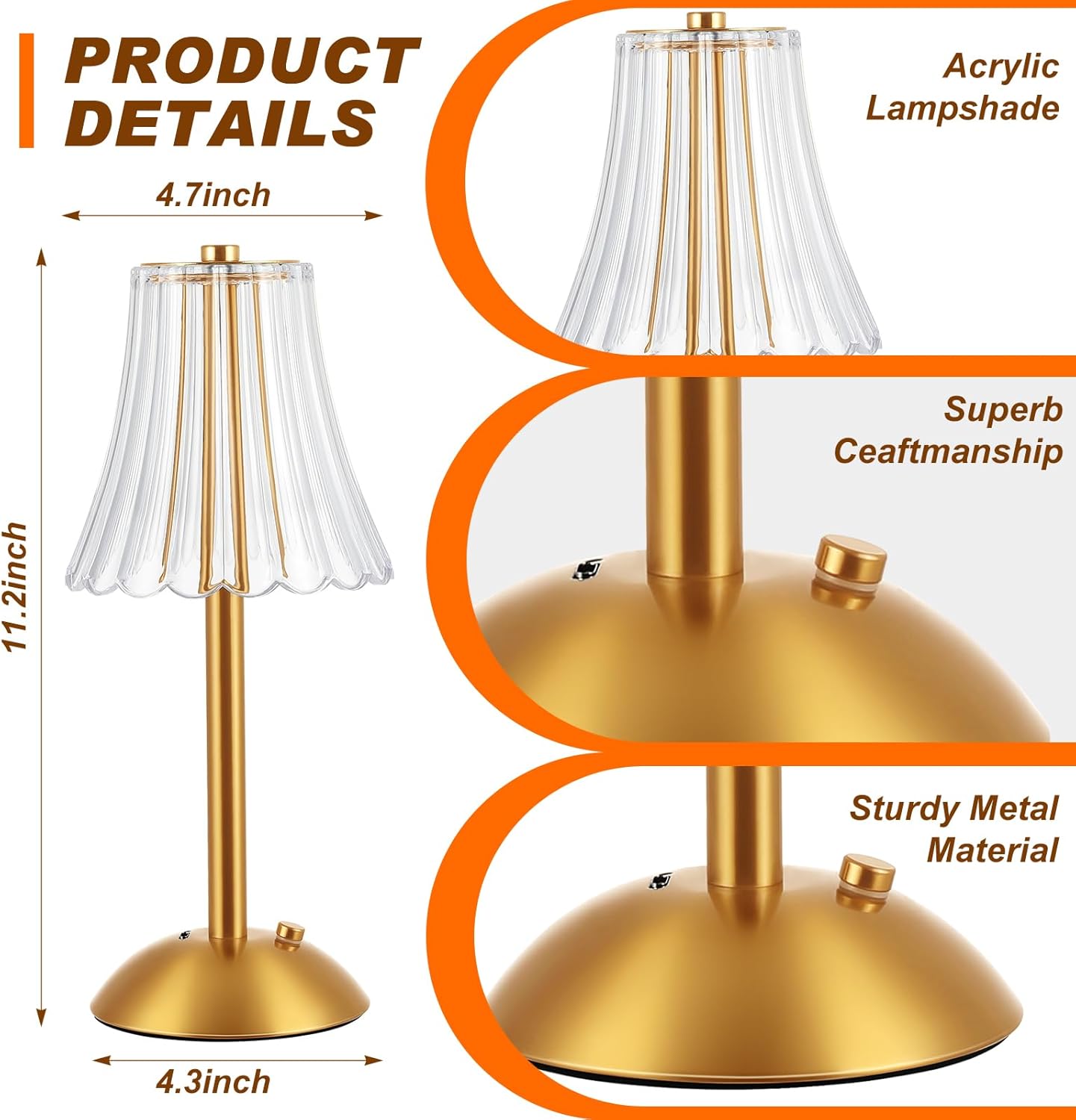 Liliful 4 Pcs LED Portable Cordless Table Lamp Touch Battery Operated Rechargeable Gold Desk Lamp 3 Color Dimmable for Bedroom Living Room Dining (Gold,Rose Style) - Image 3