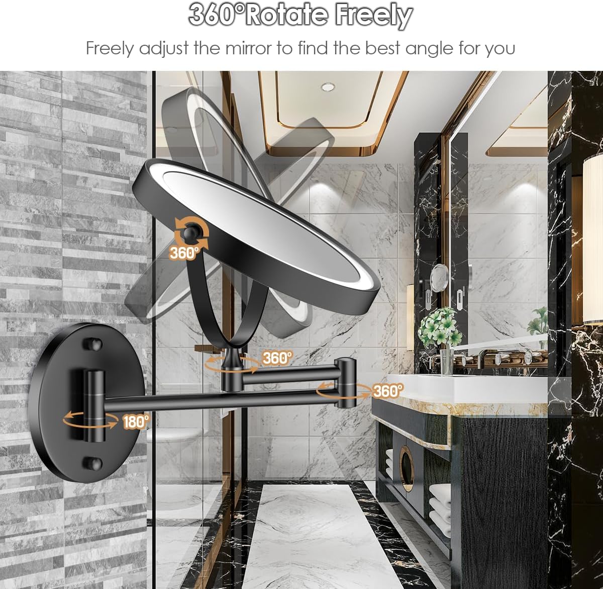 Rocollos 9" Wall Mounted Lighted Makeup Mirror, Large Double Sided 1X/10X Magnifying Mirror, 3 Color LED Vanity Mirror, Touch Dimmable 360° Swivel Light Up for Bathroom - Image 4