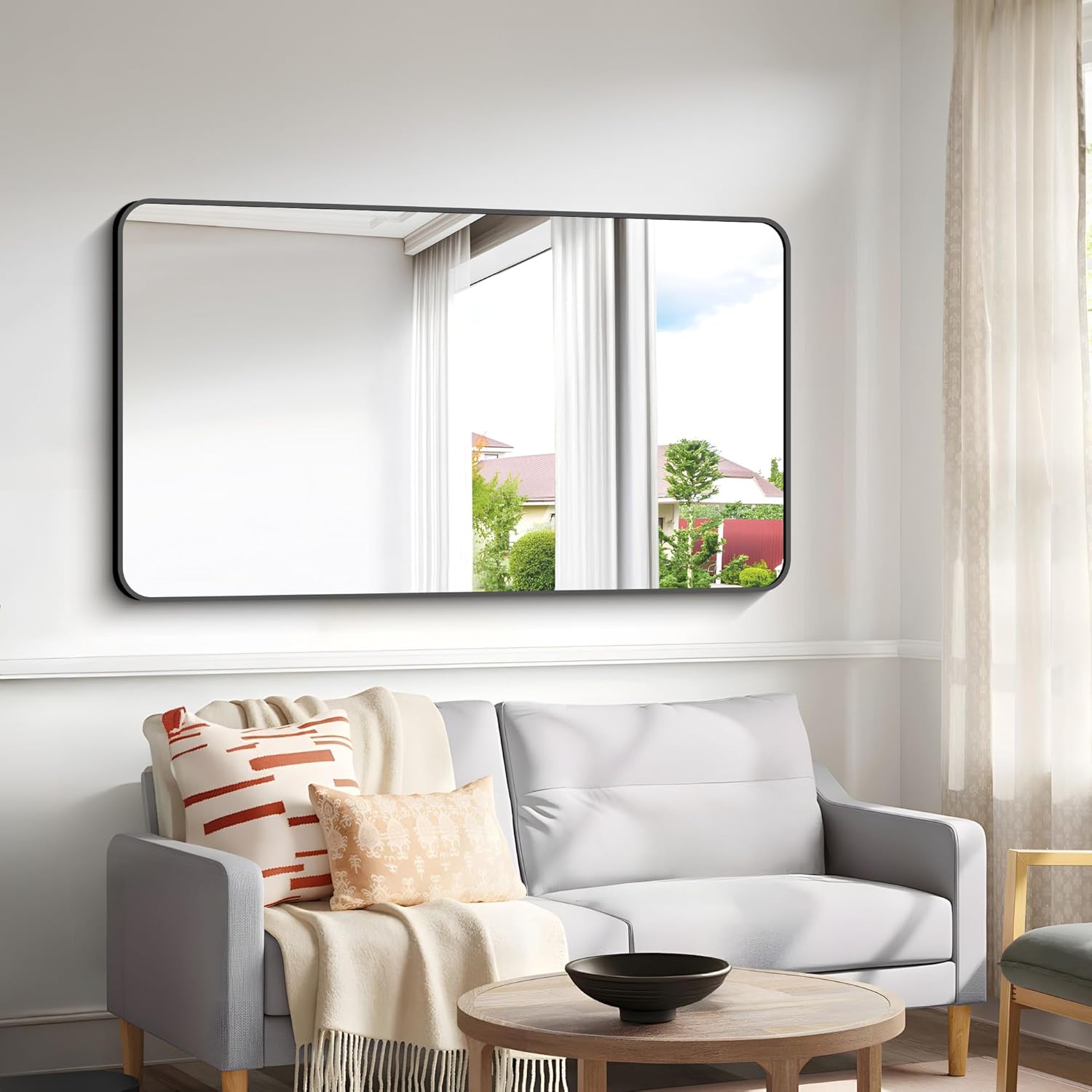 30x55 inch Bathroom Mirror,Black Rectangle Mirror,Wall Mounted Bathroom Frame Vanity Mirror with Round Corner for Bedroom Living Room, Entryway Hangs Horizontal or Vertical - Image 3