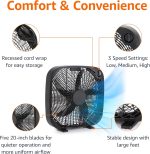 Amazon Basics 3 Speed Box Fan, Indoor Electric Fan for Home Cooling, 5 Blades, Lightweight Design, 67 Watts, 20-Inch, Black, 6.8"D x 20.86"W x 21.33"H - Image 3