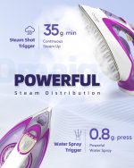 Steam Iron for Clothes, 1750W Iron with Rapid Heating, Non-Stick Ceramic Soleplate, Powerful Steam, Self-Cleaning, Auto-Off, Anti-Drip, 15.21oz Water Tank Ironing Clothes for Home, Purple - Image 3