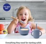 LITTLE RAWR Silicone Baby Feeding Set 14 Pcs,Baby Led Weaning Supplies, Baby Spoons Suction Bowl Divided Plate Bib Cup Finger Brush,First Stage Solid Food Eating Utensils - 6+ Months(Blue Gray) - Image 3