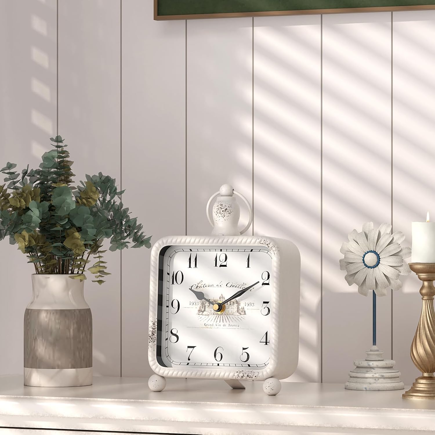 Vintage White Table Clock on Stand, Desk and Shelf Decor Clock, French Rustic Style Non-Ticking Mantel Clocks for Farmhouse, Living Room, Bedroom, Bedside, Gift (8.5" H x 5.5" W) - Image 3