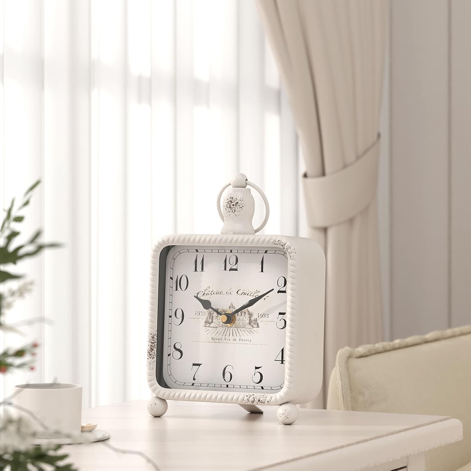 Vintage White Table Clock on Stand, Desk and Shelf Decor Clock, French Rustic Style Non-Ticking Mantel Clocks for Farmhouse, Living Room, Bedroom, Bedside, Gift (8.5" H x 5.5" W) - Image 5
