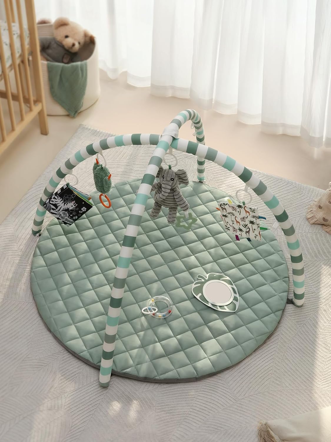 Blissful Diary Baby Play Gym Mat, Play Mat Activity Mat with 6 Detachable Toys for Stage-Based Sensory & Motor Skill Development, Easy to Install & Clean, Baby Essentials Gift, Sage Green - Image 3