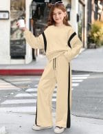 Shallmu Girls Clothes Long Sleeve Stripe Pullover Sweatshirts Top Wide Leg Sweatpants Fall Winter 2 Piece Outfits Sets - Image 5