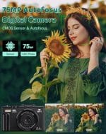 5K Digital Camera - WiFi 75MP Cameras for Photography - UHD Vlogging Camera for YouTube with 3" 180° Flip Screen - Autofocus Compact Video Travel Camara with 18X Zoom, 32GB SD Card, 2 Batteries - Image 3