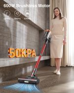 Cordless Vacuum Cleaner, 600W 50KPa 70Mins Vacuum Cleaners for Home, Self-Standing Stick Vacuum with Anti-Tangle Brush & OLED Touch Screen, Vacuum Cleaner for Hardwood Floors,Carpet,Pet Hair,Car (Red) - Image 3
