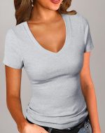 PALINDA Women's Short Sleeves Ribbed Fitted Shirt Basic V Neck Slim T Shirt Tops - Image 5