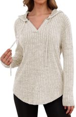 Lylinan Womens Long Sleeve Knit Hoodies V Neck Pullover Tops Ribbed Sweaters Fall Fashion Clothes S-XXL - Image 3