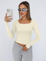 Trendy Queen Womens Long Sleeve Shirts Crop Tops Fall Fashion 2025 Square Neck Going Out Basics Tees Y2k Clothes - Image 3