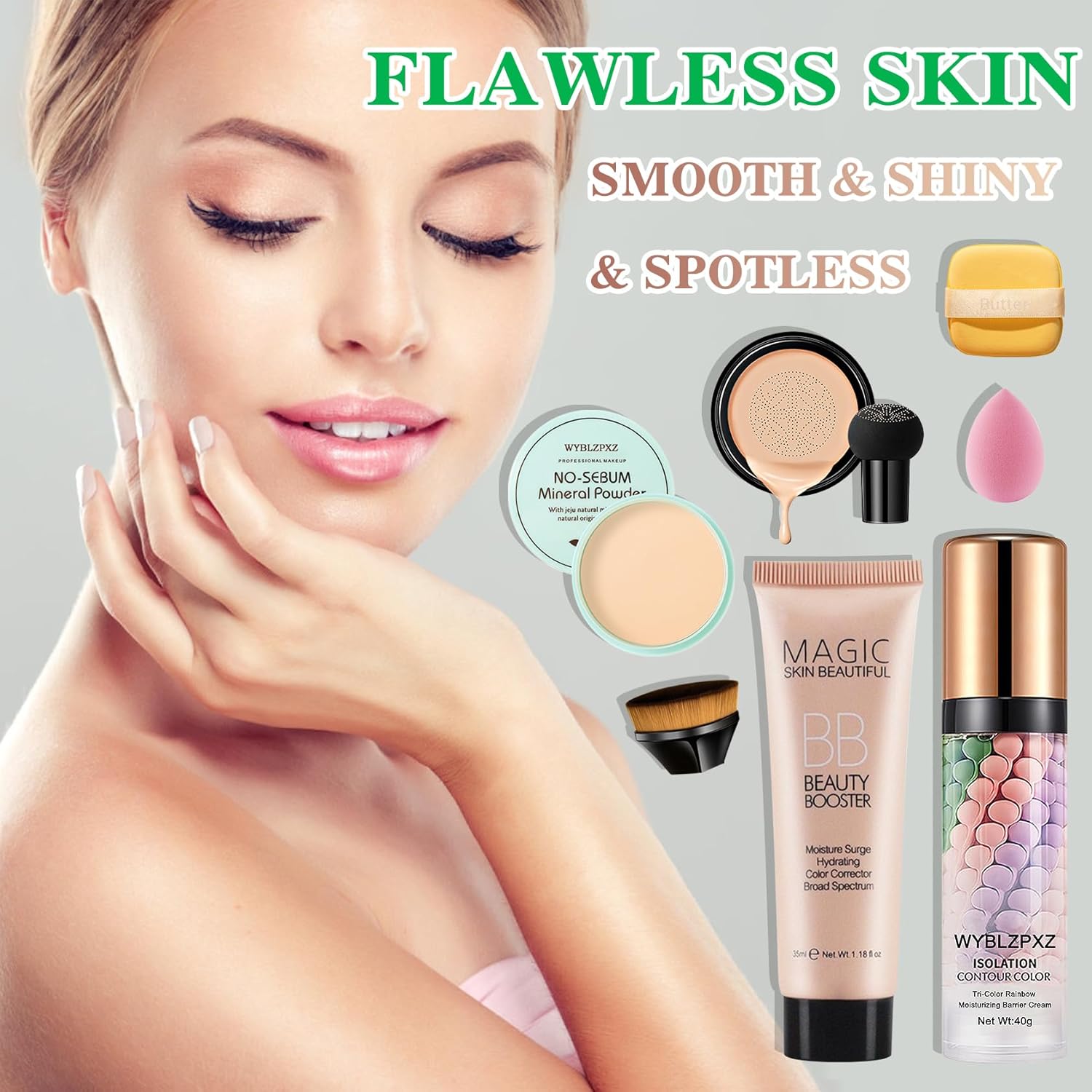 Mushroom Head Air Cushion CC Cream + BB Cream + Tri-color Color Corrector Foundation Set - Moisturizing Full Coverage Foundation Concealer Lasting Foundation Makeup Base Primer (7 Pcs) - Image 6