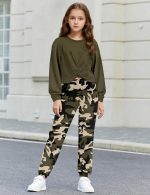 NECIOUS Girls Fall Outfits 2 Piece Fashion Twist Front Pullover Sweatshirt and Camo Pants Clothing Sets 5-14Y - Image 3