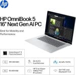 HP OmniBook 5 16 inch Next Gen AI PC, 2K Touchscreen, Snapdragon X Plus X1P-42-100, 16 GB RAM, 512 GB SSD, Qualcomm Adreno GPU, Windows 11 Home, Copilot+ PC, Glacier Silver, 16-fb0000nr - Image 3