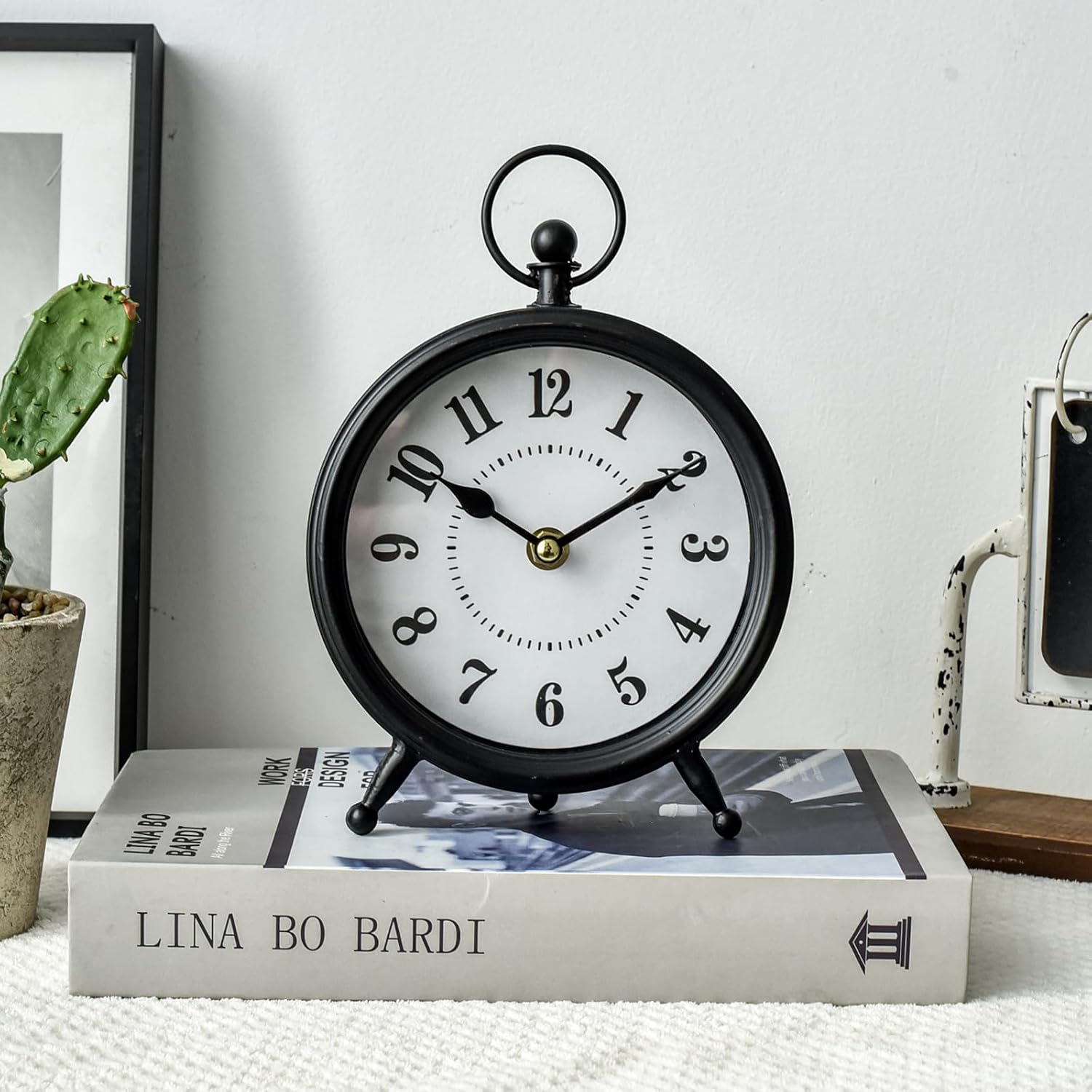 Vintage Non-Ticking Black Table Clock with Stand, Decorative Clock for Desk and Shelf, Rustic Farmhouse Style Mantel Timepiece - Image 3