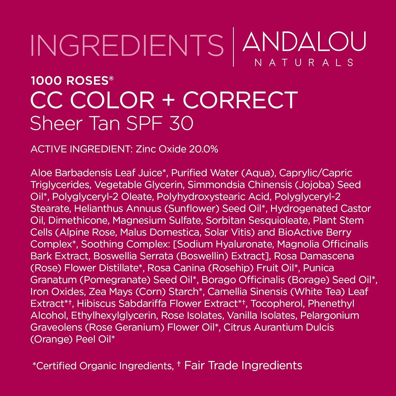 Andalou Naturals 1000 Roses CC Color + Correct with SPF 30, Sheer Tan, 2-in-1 Face Sunscreen + CC Cream for Sensitive Skin, Helps Correct Uneven Skin Tone, Reef Safe Sunscreen, 2 Fl Oz - Image 3