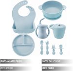 PandaEar Silicone Baby Feeding Set | 9PCS Baby Led Weaning Supplies Self Feeding Utensils | Divided Suction Plate Bowl Bibs Sippy Cup with Baby Snack Container Spoons Forks (Blue) - Image 3