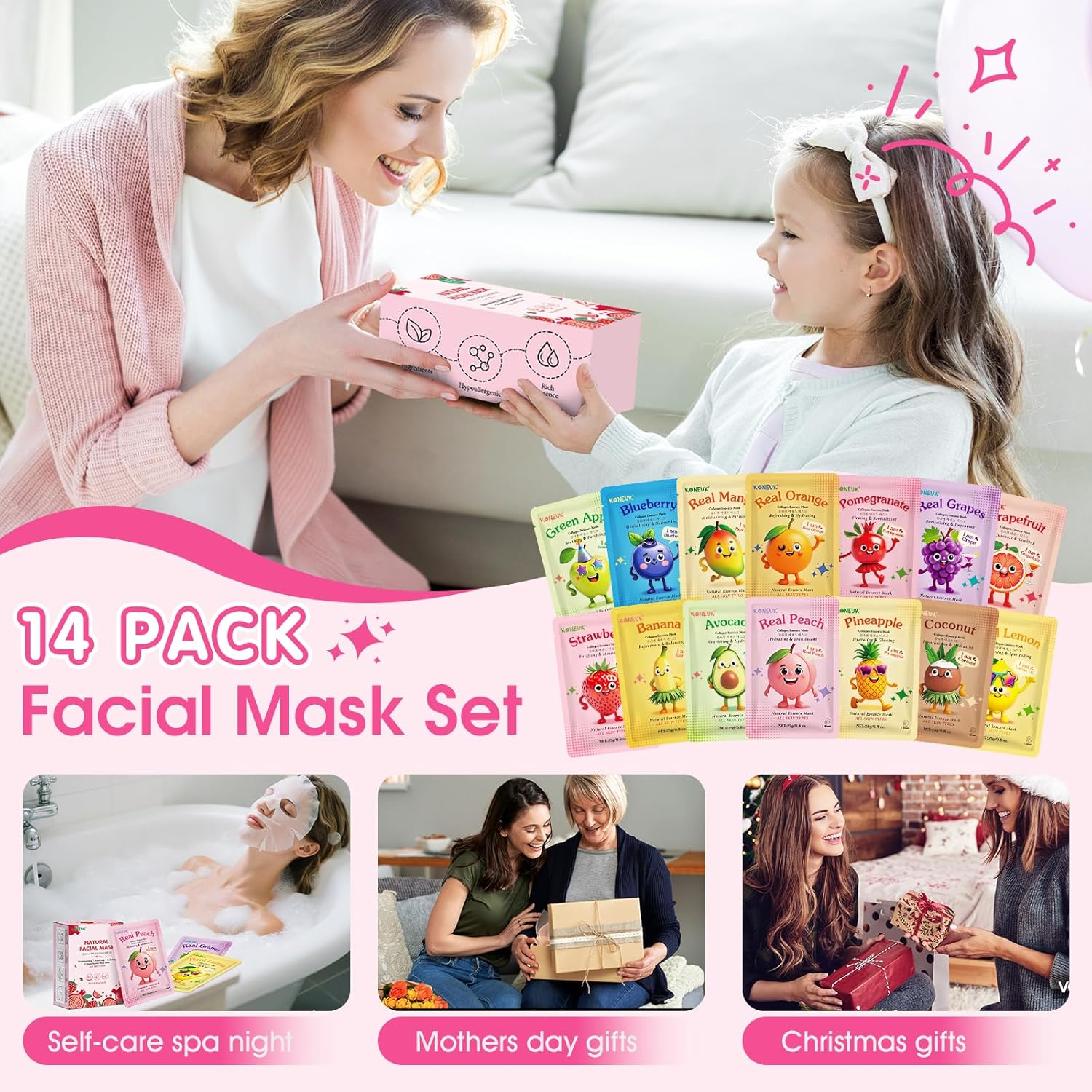 14 Pack Fruit Face Masks Skincare for Kids, Sheet Hydrating Facial Mask for All Skin Types, Bulk Collagen Face Mask for Women Skin Care, Birthday Party Spa Gifts for Teens Girls - Image 4