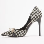 Womens Pumps Shoes High Heels Stiletto Pointed Closed Toe D'Orsay Elegant Houndstooth Pattern Design with Pearls Chain Dress Party Wedding Classic Work Heels for Ladies - Image 3