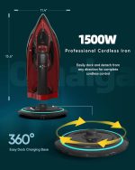 Cordless Iron for Clothes - 1500W Steam Iron with Non-Stick Ceramic Soleplate, Rapid Heating, Auto Shut Off, Burst of Steam, Self-Clean, Anti-Drip, Anti-Calc, 3 Temperature Settings, Red - Image 3