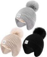 3 Pack Baby Winter Hats with Earflaps, 2 Size Kids Pom Pom Beanie for Infant Toddler Children, Smiley Face Hat for Girls Boys - Image 2