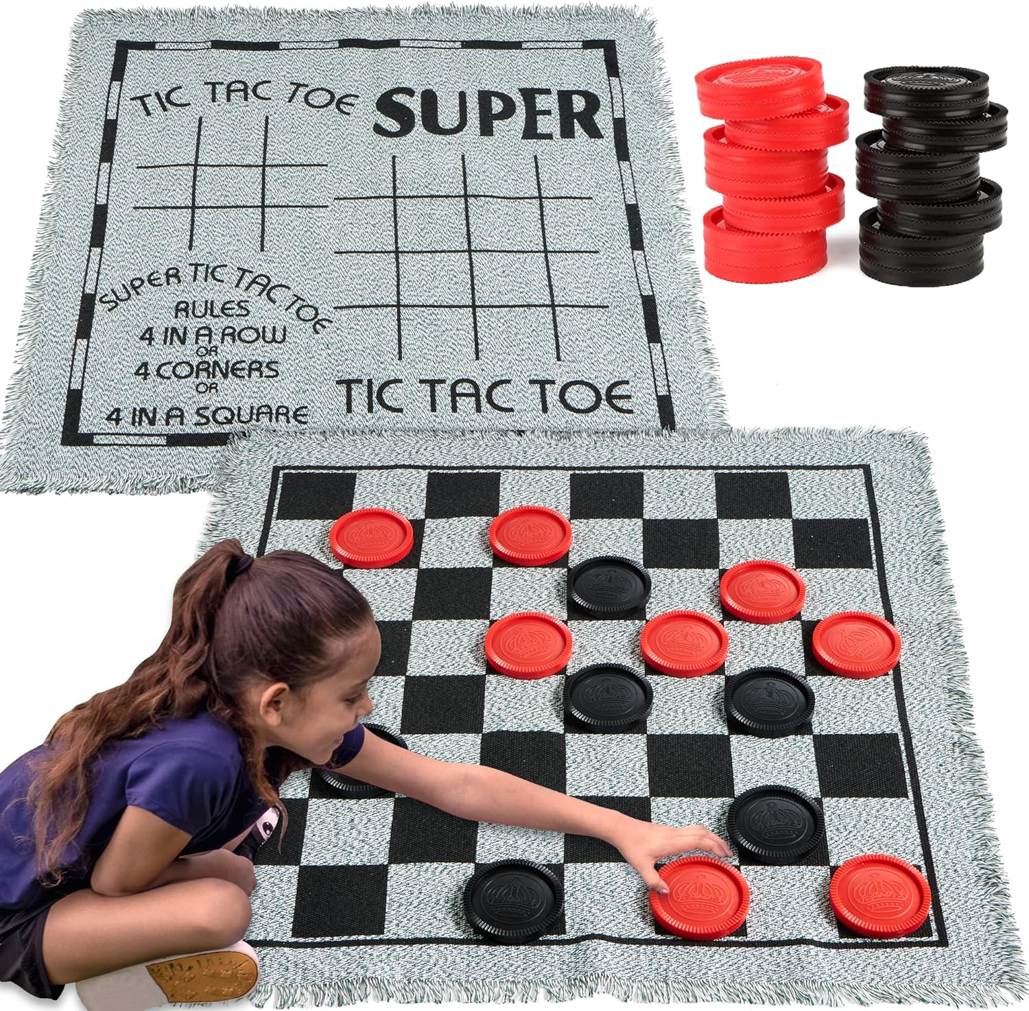 3-in-1 Vintage Giant Checkers, Tic, Tac, Toe, with Reversible Mat, 24 Chips, Family Board Game, Lawn Game, BBQ Party Favor, Indoor and Outdoor Activity for Kids and Adults - Image 2