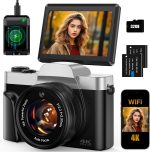 4K Digital Camera for Photography 64MP WiFi Vlogging Camera for YouTube Autofocus 3" 180° Flip Screen 16X Zoom Compact Travel Cameras with Anti-Shake, SD Card, 2 Batteries & Battery Charger - Image 2