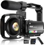 4K Video Camera Camcorder 64MP Vlogging Camera for YouTube 3.0" Touch Screen 18X Digital Zoom IR Night Vision with External Stereo Microphone,Remote,Lens Hood,Handheld Stabilizer,32G Card &2 Batteries - Image 2